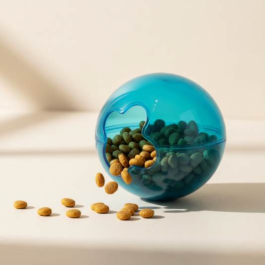 Bola dispensadora de chuches IQ azul para perros con pienso saliendo